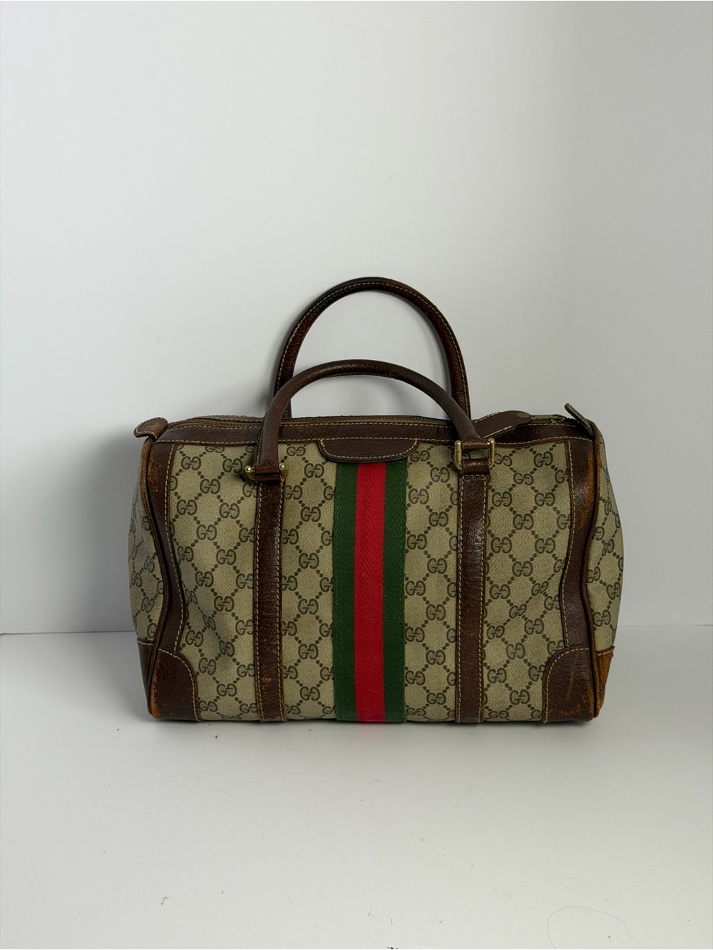 Gucci Beige GG Canvas Satchel with Green and Red Web Stripe and Brown Leather
